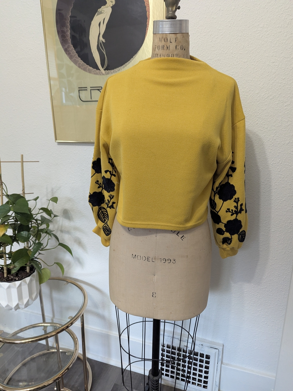 Women's Mustard Yellow Cropped Sweater with Black Floral Sleeves Small/Medium